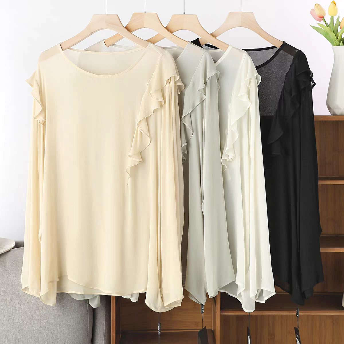 Summer Clothing Plus Size - French Elegant Long Sleeve Ruffle Shirt