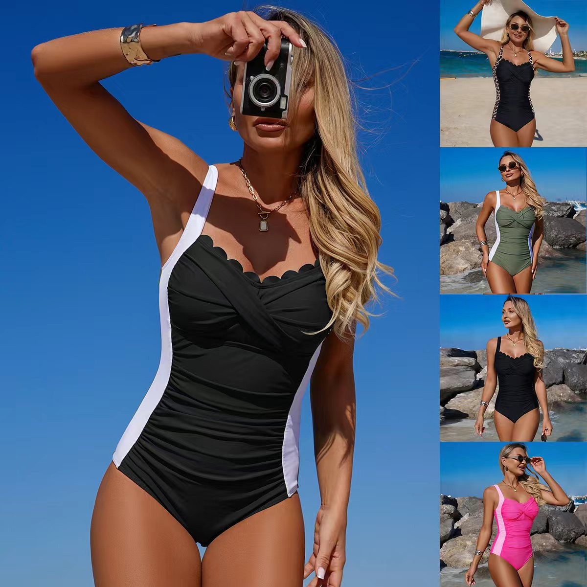 Black Swimsuit Scalloped Neckl - Swimsuit One Piece avaliação e preço