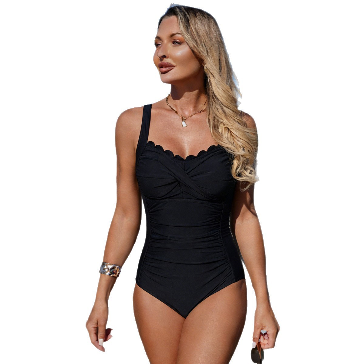 Black Swimsuit Scalloped Neckl - Swimsuit One Piece avaliação e preço