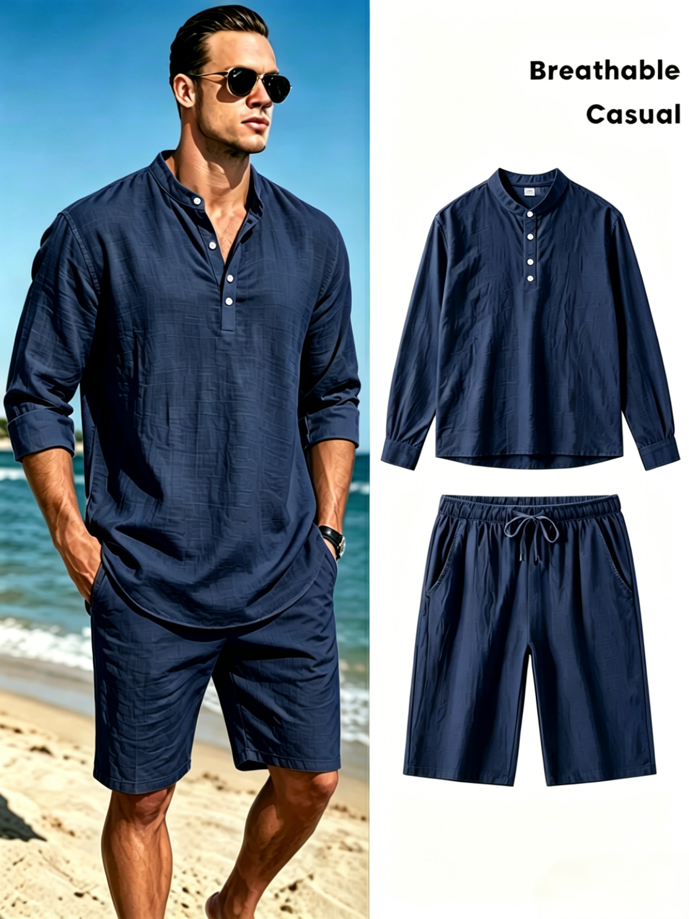 Men's Cotton Linen Henley Shir - Summer Clothing Types avaliação e preço
