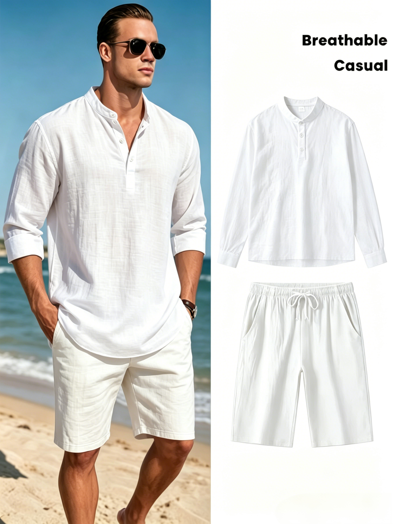 Men's Cotton Linen Henley Shir - Summer Clothing Types avaliação e preço