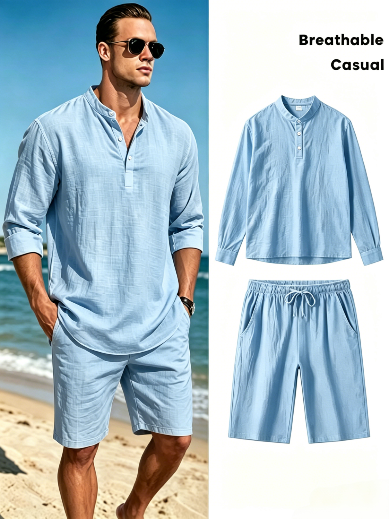Men's Cotton Linen Henley Shir - Summer Clothing Types avaliação e preço