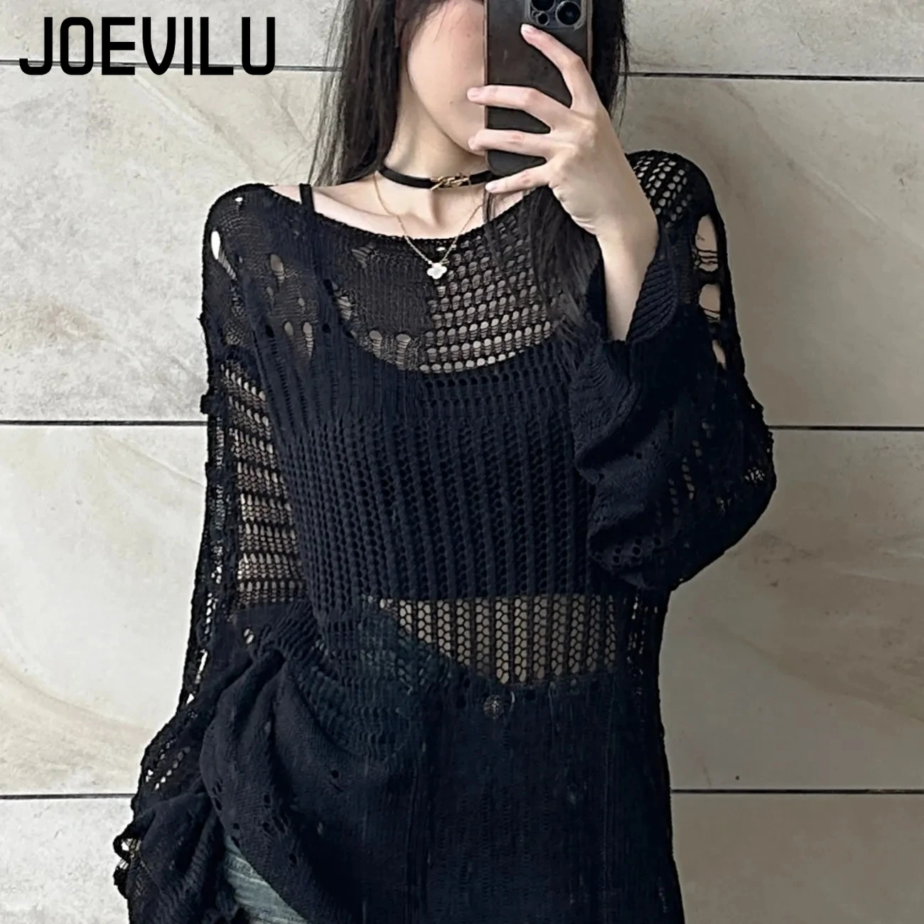 JOEVILU Hollow Knit Blouse Sum - Summer Goth Clothing avaliação e preço
