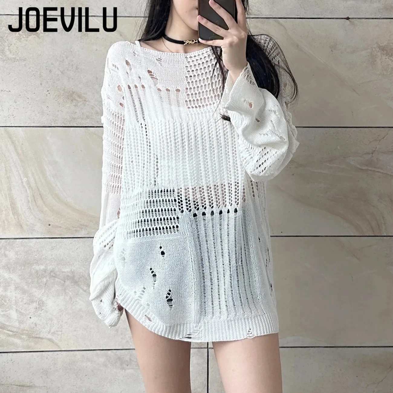 JOEVILU Hollow Knit Blouse Sum - Summer Goth Clothing avaliação e preço
