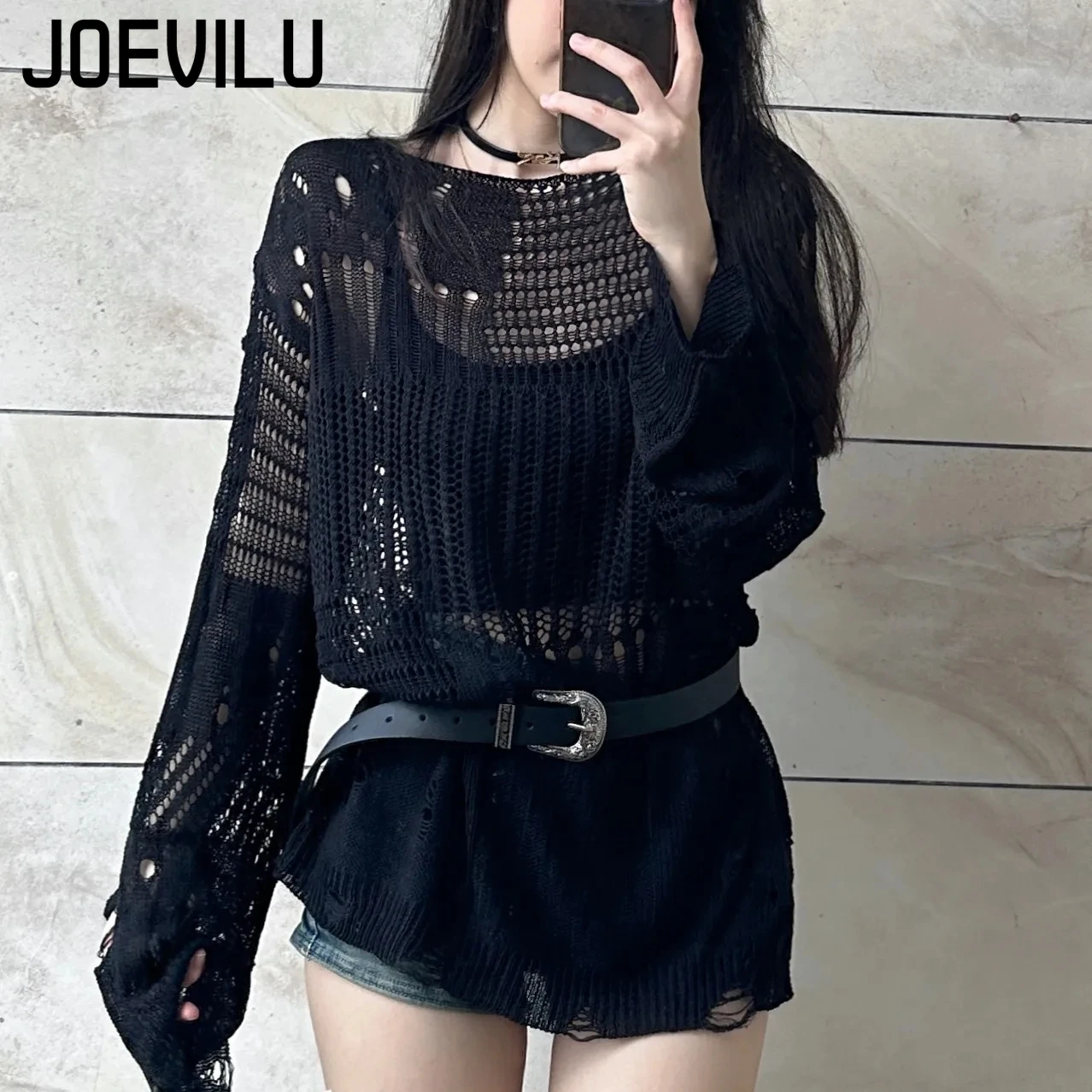 JOEVILU Hollow Knit Blouse Sum - Summer Goth Clothing avaliação e preço