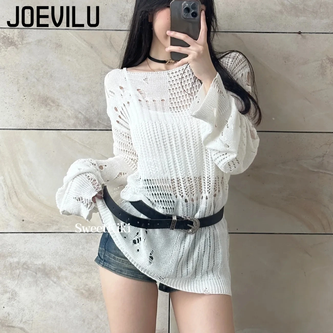 JOEVILU Hollow Knit Blouse Sum - Summer Goth Clothing avaliação e preço