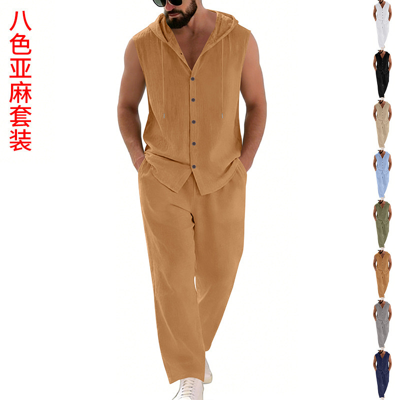 Men's Casual Linen Suit Hooded - Summer Clothing Mens avaliação e preço