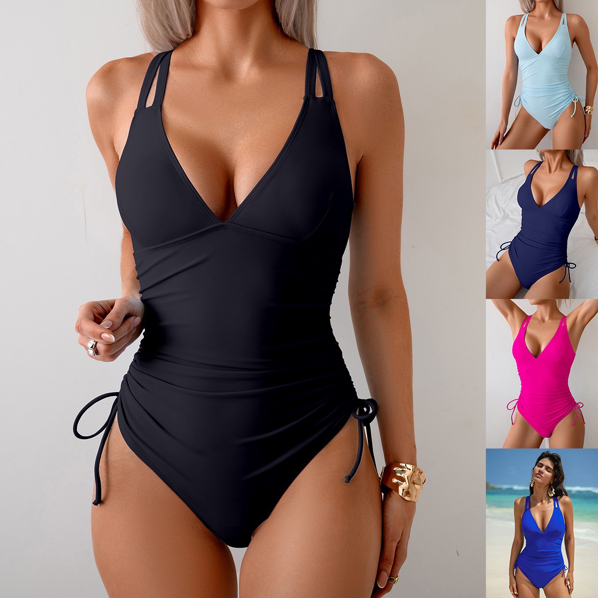 Solid Black Swimsuit V Neck Ru - Swimsuit One Piece avaliação e preço